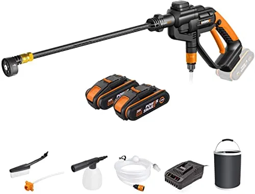 WORX WG620E.4 Akku-Hochdruckreiniger Hydroshot 20V - Mobiler Hochdruckreiniger für Reinigung und Bewässerung, ideal für Camping und Outdoor. Inklusive 2 Akkus und Schnellverbinder für Wasserhahn. Leicht und transportabel, zieht Wasser selbstständig aus Quellen.