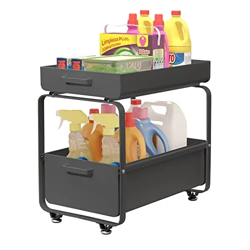 Todeco 2 Ebenen Unter Waschbecken Regal - Schrankkörbe mit herausziehbaren Schubladen aus Kohlenstoffstahl, platzsparend und ideal für Badezimmer und Küchen. Robuster Rahmen trägt bis zu 20 kg und sorgt für Ordnung.