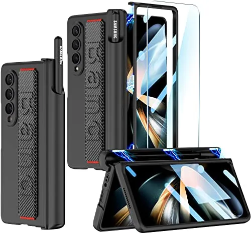 SOUTEM für Samsung Galaxy Z Fold 4 Hülle mit Handschlaufe & Displayschutz & S Pen Slot, Magnetscharnier Stoßstange Schutzhülle Ultra Slim Stoßfest Anti-Kratz für Samsung Z Fold 4(Ohne S Pen),Schwarz