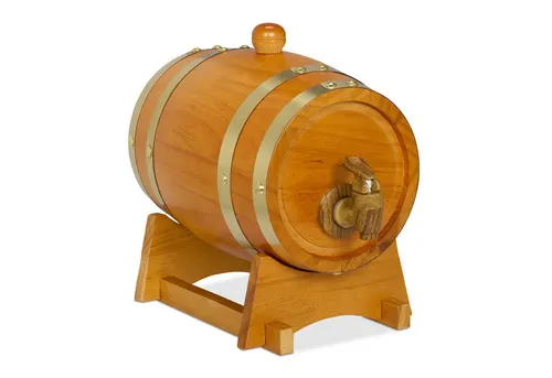 Relaxdays Whiskyfass 1,25 l - Holz Schnapsfass mit Bock & Zapfhahn - Dekoschalen: Kreatives 1,25 l Schnapsfass aus Kiefernholz mit Aluminium-Auskleidung für besten Trinkgenuss. Rustikaler Charme ideal für Hausbar oder als Geschenk für Liebhaber edler Tropfen.