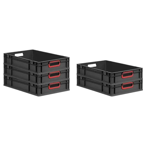PROREGAL SparSet 5x Eurobox NextGen Color | 23 Liter | Schwarz mit roten Griffen - Aufbewahrungsbehälter ohne Deckel, robustes Design aus recyceltem Kunststoff mit bis zu 400kg Auflast für effizientes Lagern und Transportieren.