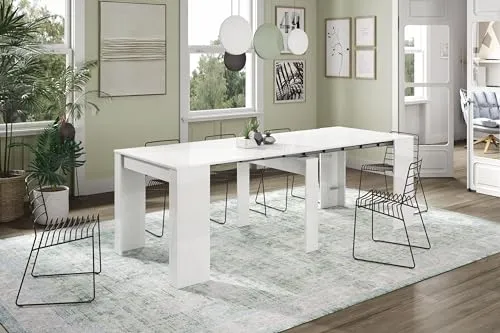 möbelando Kulissentisch >Consola< ausziehbar in Weiß Hochglanz - Beistelltisch fürs Wohnzimmer, flexibel erweiterbar von 90 auf 237 cm, ideal für moderne Wohnräume mit zeitgemäßem Design.