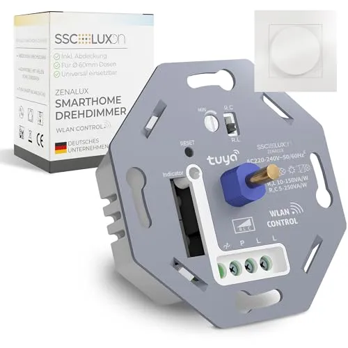 SSC-LUXon ZENALUX Smarter WLAN Drehdimmer LED mit Abdeckung - Universal Dimmer Unterputz kompatibel mit Alexa, Google Home & Tuya Smart Life