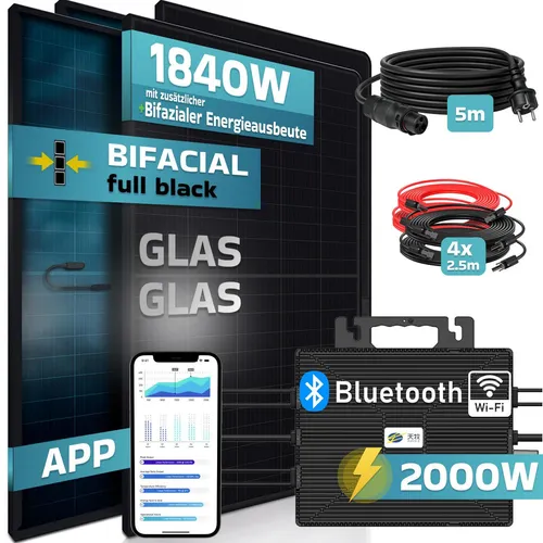 SUNNIVA Balkonkraftwerk Set 2392W - Voll Schwarz Bifacial - Balkonkraftwerk mit Plug&Play Installation, ideal für Balkon und Garten. Inklusive WIFI & Bluetooth, upgradebar auf 800W, 4x460W Module für maximale Effizienz.