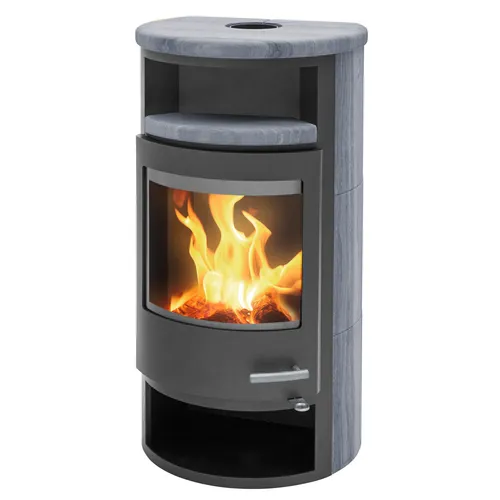 H&M Solido Kaminofen gussgrau mit Natursteinverkleidung - Eleganter Holzofen mit großer Brennkammer und 8 kW Leistung, ideal für gemütliche Stunden im Innenbereich. Energieeffizienzklasse A und variable Wärmesteuerung für optimale Heizleistung.