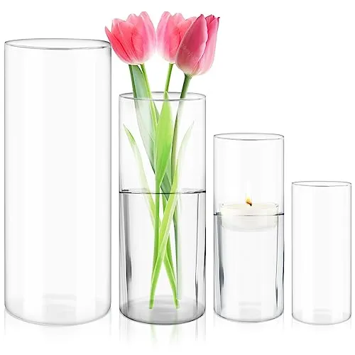 Glasvase Set 4 Stück, Zylindervase Transparent, Kerzenhalter Glas, Stumpenkerzenhalter, Blumenvase Modern, Tischdeko für Hochzeit, Wohnzimmer, Esstisch, Centerpiece