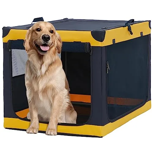 A 4 Pet Hundebox faltbar große Hunde, Hundebox für zuhause tragebar Hundetransportbox Transportbox Hund, leicht zu verstauen mit montiertem Aluminium Rahmen, einstellbare Kompatibilität(XL, Gelb)