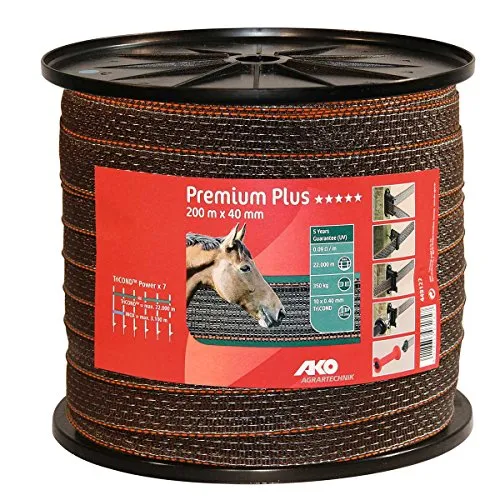 AKO Weidezaunband Premium Plus 200m - 20mm Breite - Hochwertiges Weidezaunband in weiß/grün, 200 m lang und 20 mm breit. Ideal für den Einsatz als Tierzaun mit robustem TriCOND Leitermaterial für zuverlässige Sicherung von Weidetieren.