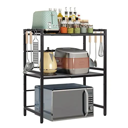 Todeco Erweiterbares Mikrowellen Regal - Stehendes Bäckerregal, platzsparend und höhenverstellbar, ideal für Mikrowellen und Küchenutensilien, aus robustem Kohlenstoffstahl mit einer Tragfähigkeit von 50 kg.