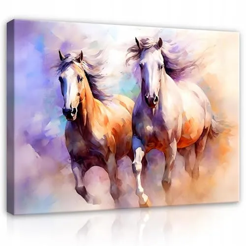 Wallarena Leinwandbild Pferde Aquarell - Modernes Wandbild für Kinder - Wanddeko für Kinderzimmer, 60x40 cm, geruchloses und pflegeleichtes Leinwandbild, ideal für eine farbenfrohe Raumgestaltung.