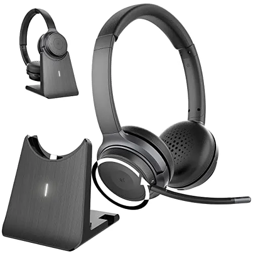 Callstel Headset kabellos: Profi-Stereo-Headset mit Bluetooth 5, 18-Std.-Akku & 2in1-Ladestation (HiFi Kopfhörer, mit Schwanenhals-Mikrofon, Freisprecheinrichtung)