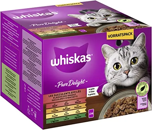 Whiskas 1+ Katzenfutter Pure Delight Klassische Auswahl in Gelee, 24x85g (1 Packung) – Hochwertiges Nassfutter für ausgewachsene Katzen in 24 Portionsbeuteln