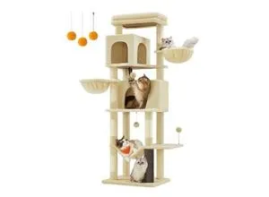 Feandrea Kratzbaum 175 cm hoch XL mit 2 Höhlen - Kratzbaum in sandbeige, ideal für Katzenliebhaber mit Platzbedarf. Hochwertige Materialien und Kippschutz sorgen für Sicherheit und Komfort.