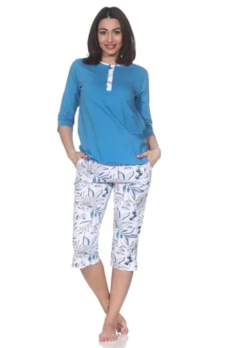 Normann Wunderbarer Damen Kurzarm Pyjama mit Caprihose in floralem Print - auch in Übergrössen, Farbe:blau1, Größe:36-38