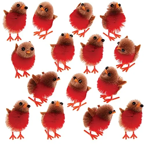 Baker Ross Mini Fluffy Christmas Robins - Pack of 15, Christmas Craft Accessories, Artificial Robins for Crafting, Kids and Adults Christmas Crafting Supplies (FX339)
