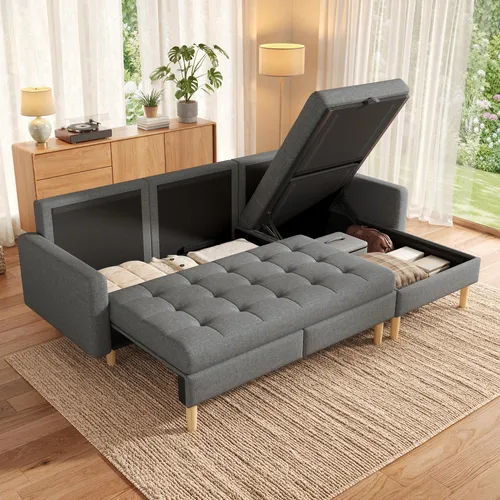 Merax Ecksofa mit Stauraum und wechselbarer Chaiselongue, 3-Sitzer Couch in Grau