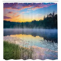 Abakuhaus Duschvorhang Moderner Digitaldruck mit 12 Haken auf Stoff Wasser Resistent Breite 175 cm, Höhe 200 cm, lake Forest Foggy Sonnenuntergang am See bunt 175 cm x 200 cm