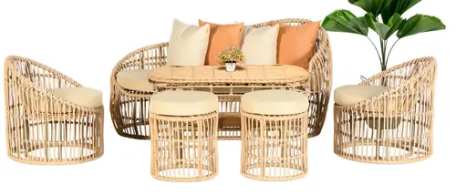 Beige Gartenmöbel Sofagarnitur 6-teilig - Stilvolles Lounge Set aus Holz und Rattan, ideal für bis zu 7 Personen. Inklusive bequemer Kissen und modernem Design für entspannte Stunden im Freien.