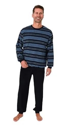 Normann Herren Frottee Schlafanzug lang mit Bündchen - Streifenoptik, blau, Größe:48 - Kuscheliger Herren Schlafanzug aus Frottee in eleganter Streifenoptik. Ideal für kalte Nächte und angenehmen Schlafkomfort dank praktischer Bündchen. Markenqualität von Normann – seit 1903 für besten Tragekomfort.
