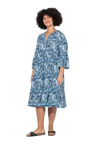 Angel of Style Damen große Größen Übergrößen Plus Size Kleid, A-Linie, Musselin, Leo-Muster, Volants Mattes blau 52 841921726-52