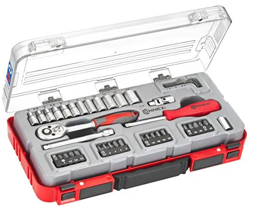 Connex Steckschlüssel COX580240, 40-tlg. Set in Rot - Werkzeug-Set mit 40 Teilen, inklusive 1/4' Knarre und 12 Steckschlüsseleinsätzen, ideal für Heimwerker und Profis, ergonomischer 2-Komponentengriff für optimalen Komfort.