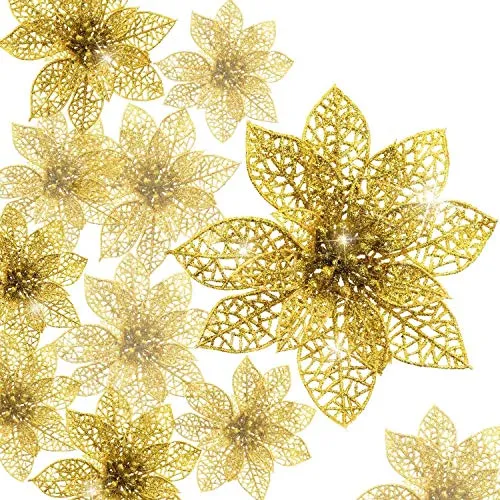 KAHEIGN 30Pcs Weihnachten Blumen Glitzer Künstliche Weihnachtsblumen, 7,5/10 / 15 cm Weihnachtsbaum Ornament Weihnachten Blumen Dekor Ornament (Gold)