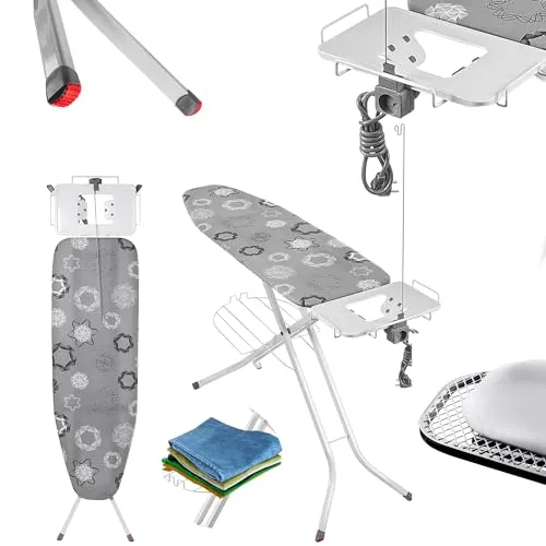 KADAX Klappbares Bügelbrett 120x38cm - Bügelbrett mit Steckdose und rutschfesten Füßen, höhenverstellbar von 69 bis 95 cm für komfortables Dampfbügeln ohne Rückenschmerzen.