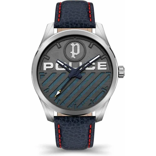 Police Grille PEWJA2121401 Herrenuhr - Armbanduhr für Herren mit Edelstahlgehäuse und blauem Lederarmband, wasserdicht bis 3 bar – ideal für stilbewusste Männer.