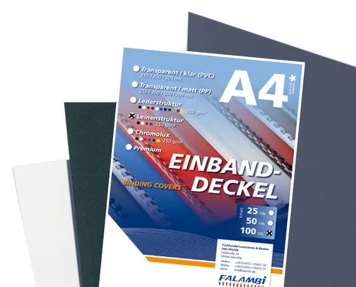 Einband Deckblatt DIN A4, Leinenstruktur schwarz; Rückkarton für Bindungen 100