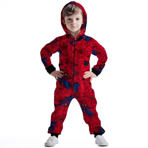 United Labels Marvel Spiderman Jumpsuit für Jungen - Schlafoverall mit Kapuze, aus warmem und atmungsaktivem Microfleece, ideal für kleine Superhelden und perfekt für Spiel und Schlaf.