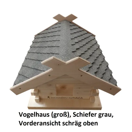 Vogelhaus groß aus Fichtenholz, Schiefer grau - Vogelhäuser aus Fichtenholz mit Bitumenschindeln, fertig aufgebaut und ideal als Futterspender, hergestellt in Deutschland.