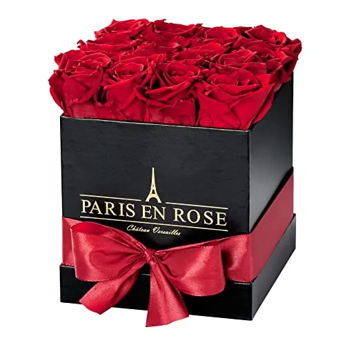 PARIS EN ROSE Rosenbox ECKIG | mit 12 bordeaux-roten Infinity Rosen Größe XL | eckige, schwarze Box mit Schleife | ewige Rose | 3 Jahre haltbar | Grußkarte