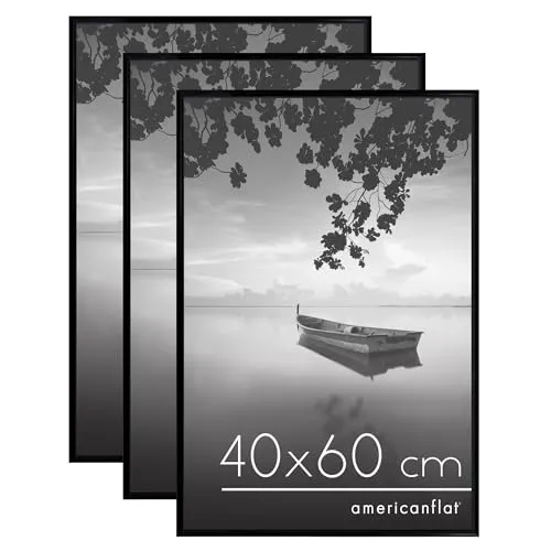 Americanflat Bilderrahmen 40x60 cm (3er Pack) - Schlanker Bilderrahmen 60x40 cm mit Plexi-Scheibe und Integrierter Aufhängung für Hoch- und Querformat - Schwarz