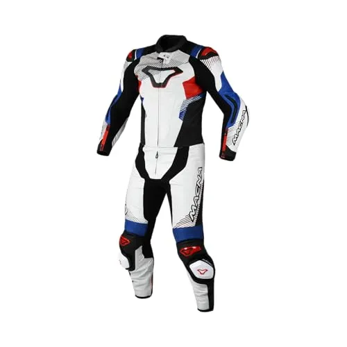 Macna Armadyl Lederkombi 2tlg. perforiert - Weiß/Rot/Blau/Schwarz - 50 - Hochwertige Motorradbekleidung aus perforiertem Rindsleder mit exzellenter Belüftung und Abriebfestigkeit, ideal für heiße Fahrten. Inkl. Quick Access Puller™ für schnellen Zugriff auf wichtige Gegenstände.