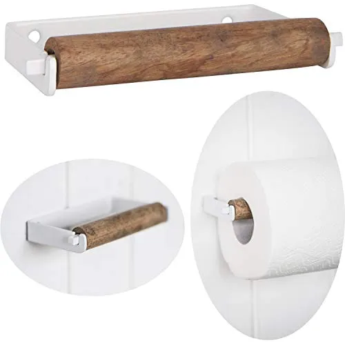LS-LebenStil Vintage Metall Toilettenpapierhalter Weiß 13cm Altum Rollenhalter mit Holzrolle zur Wandmontage WC Papier Halterung Klopapierhalter für Badezimmer Gäste WC
