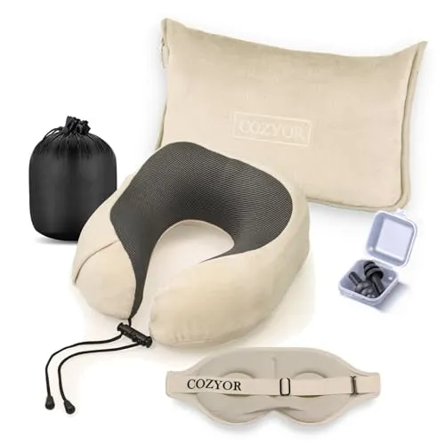 Cozyor Reiseset 4-teilig: Nackenkissen + Schlafmaske + Reisekissen & Reisedecke 2 in 1 + Ohrstöpsel