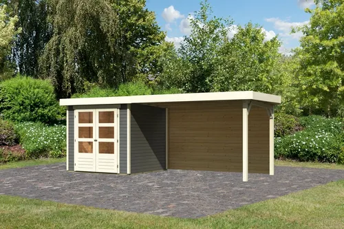 Karibu Gartenhaus Gerätehaus Askola 2 im Set mit Anbaudach 2,80 m Breite und 19 mm Rückwand terragrau 468x217x211 cm