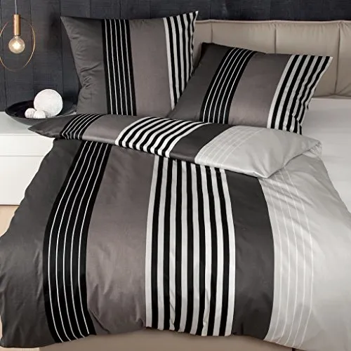 Janine Mako Satin Bettwäsche J.D. 135x200 cm + 80x80 cm schwarz-Taupe aus naturreiner gekämmter Mako Baumwolle
