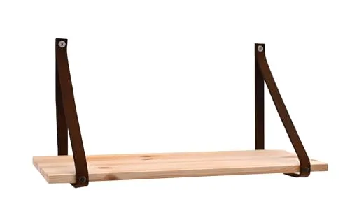 MyBer® Wandregal Holz, Bücherregal, Wandregale zur Aufbewahrung, rustikale Echtlederaufhängung, für Wohnzimmer, Schlafzimmer, Büro, Badezimmer oder Küche