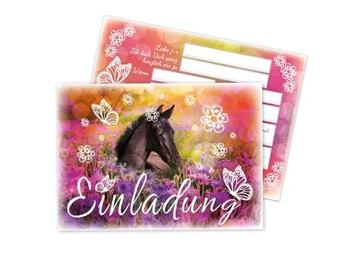 Limonia 12 Einladungskarten Mädchen Geburtstag – Fohlen im bunten Blumenmotiv – Kindergeburtstag Pferde-Einladungen – Pferdemotiv für Mädchenparty