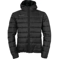 Uhlsport Fußball Essential Puffer Kapuzenjacke Herren - Schwarz, Gr. M - Sportjacke für kalte Tage, bietet Windschutz und Atmungsaktivität. Mit praktischen Reißverschlusstaschen und reflektierendem Uhlsport-Aufdruck für Sicherheit bei Dämmerung.
