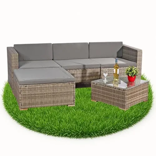 Melko Rattan Gartenmöbel Set Grau Couch mit Tisch, Hocker und Stuhl, aus Polyrattan, wetterfest und robust, Ecksofa Grau für Balkon, Garten oder Terrasse