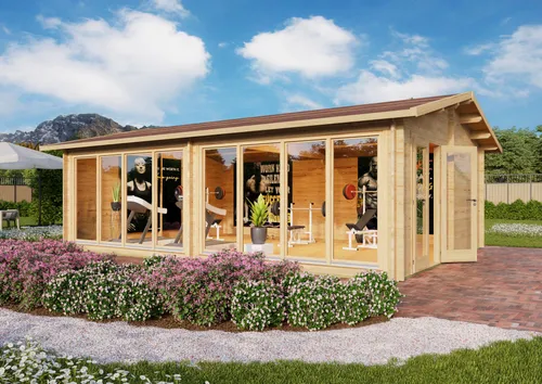 Fjordholz Gartenhaus Modell Marina 44 - Massives Gartenhaus mit 44mm Wandbohlen aus nordischer Fichte. Ideal für Gartenliebhaber, mit stabiler Dachkonstruktion und hochwertigen Fenstern für optimale Lichtverhältnisse.