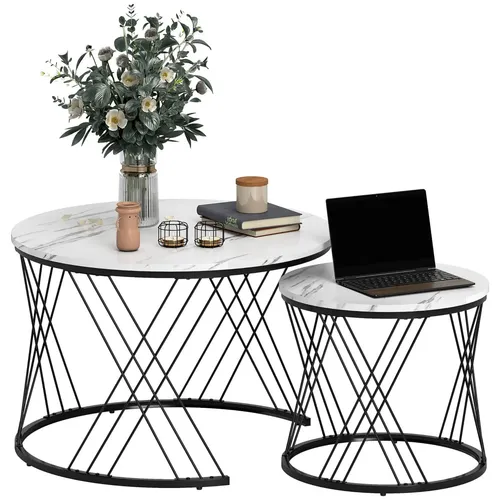 Moderne Couchtische im 2er-Set, Marmoroptik, ineinanderstellbar, Weiß