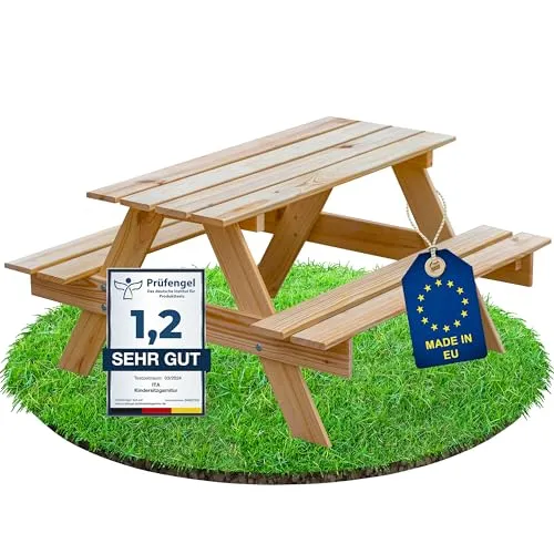 ITA Kindersitzgarnitur aus Holz - Kinder Picknicktisch mit 2 Bänken - Kinderzimmertisch & -stuhlsets, ideal für drinnen und draußen, aus 100% schadstofffreiem Kiefernholz, robust und sicher für Kinder ab 2 Jahren.