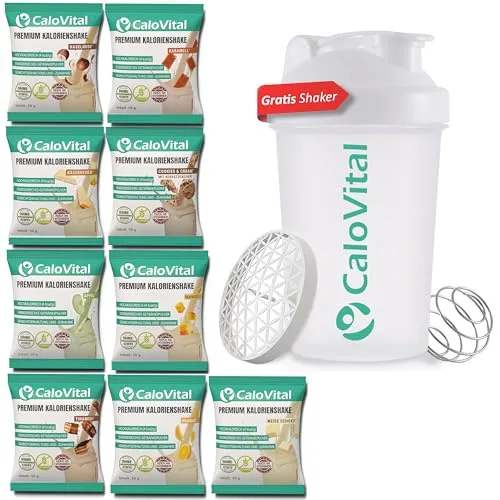 CaloVital Hochkalorische Trinknahrung - Probierpaket mit Shaker, 9er Set - Hochkalorische Trinknahrung zur Unterstützung einer schnellen Gewichtszunahme. Ideal für Personen mit Untergewicht. Leckerer Geschmack und einfache Zubereitung für optimalen Genuss.
