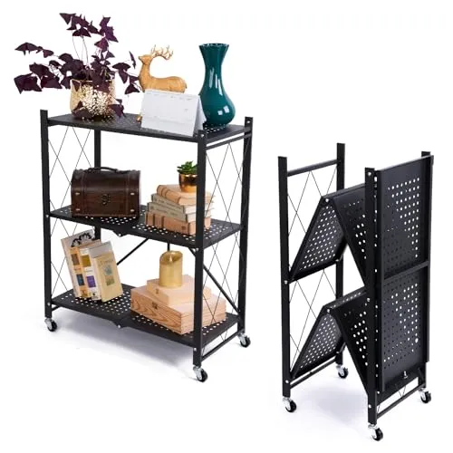 STREND PRO Klappbares Regal mit Rollen, 3 Etagen Faltbare Aufbewahrungswagen Einheit, Rädern 150 kg Tragfähigkeit, Lagerregal, Metallregal Schwarz, Klappregal für die Küche, Büro