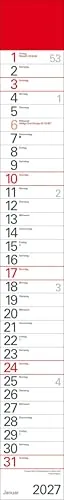 Streifenplaner Rot 2027: Streifenkalender mit Datumsschieber I schmal im Format: 11,4 x 89 cm
