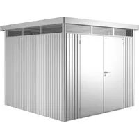 Biohort Metall-Gerätehaus HighLine Silber-Metallic 6,6 m² mit Doppeltür - Gerätehäuser: Hochwertiges Metall-Gerätehaus mit Doppeltür, stabil und langlebig, ausgestattet mit Oberlichtern für Tageslicht und abschließbarer Dreifach-Verriegelung.