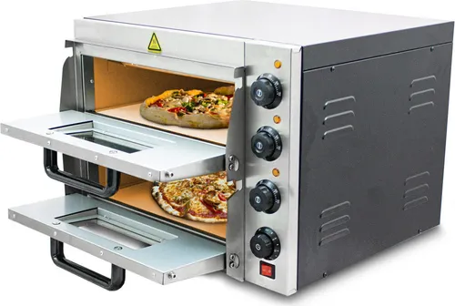 Bituxx Elektrischer Pizza Doppelofen 3000 Watt Silber MS-18168 - Minibackofen für Gastro und Heimgebrauch, 2 Pizzas in 3-5 Minuten dank 3000W Leistung, mit Schamottstein für knusprigen Boden und separater Temperaturregelung.